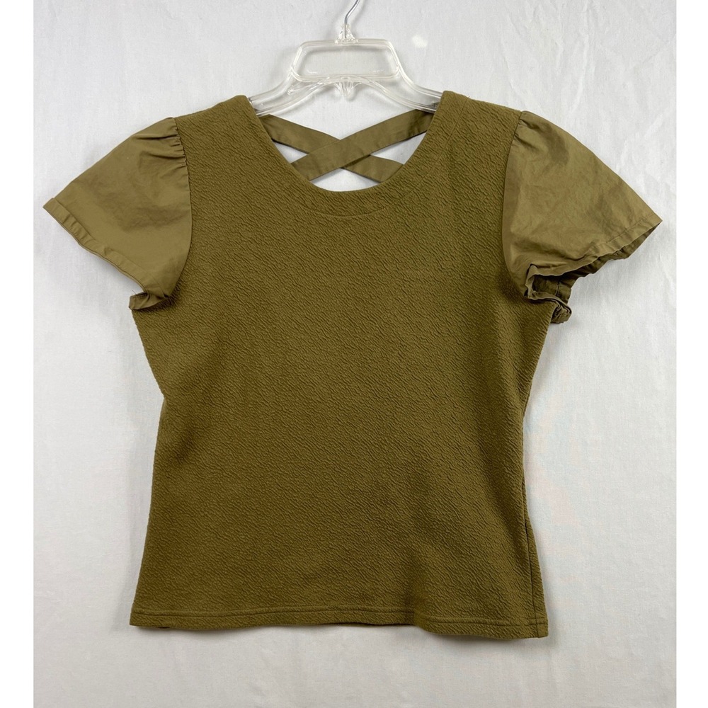 Anthropologie Mixed Media Top Womens M Olive Green Lattice Back Puff Sleeve